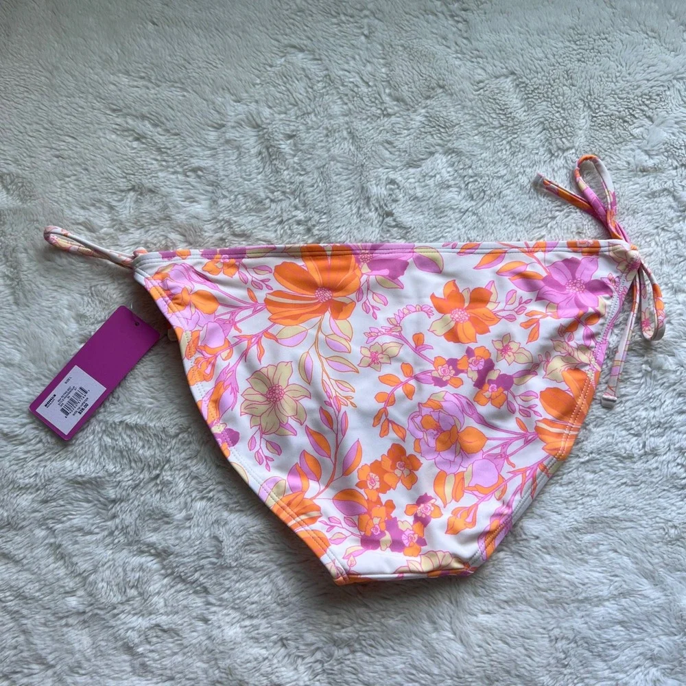 Ninety-Nine Retro Floral Side Tie Hipster Bikini Bottoms Pink Orange Large NWT